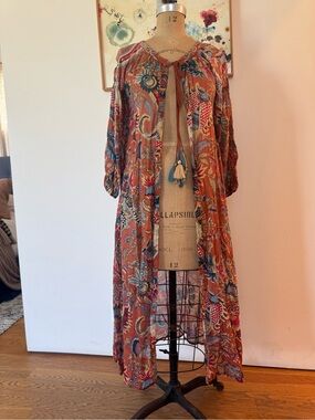 Gypsy05 Boho Tassel Tie Rust Floral Kimono Duster or Dress